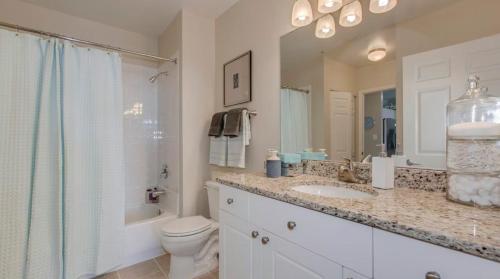 een badkamer met een wastafel, een toilet en een spiegel bij National at Clarendon Metro in Arlington