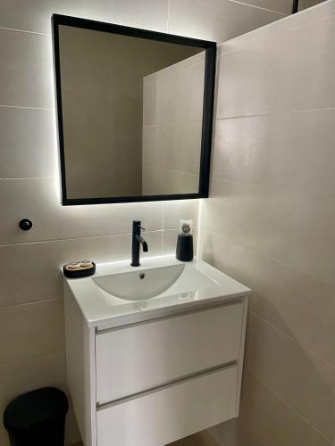 a bathroom with a white sink and a mirror at La Repera Jaén in Jaén