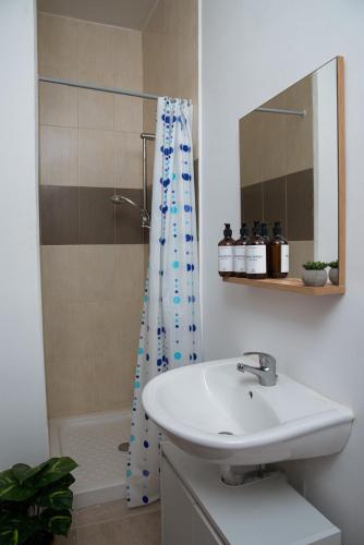 a bathroom with a sink and a shower at Seafront 4-Bedroom Townhouse with Panoramic Views in Iż-Żlielaq