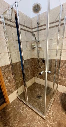a shower with a glass door in a bathroom at Megyeház Apartman in Makó