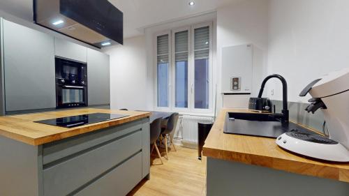 une cuisine avec un évier et un comptoir dans l'établissement Le Majestic & Pool Mulhouse, à Mulhouse