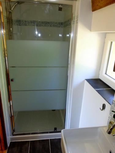 une douche avec une porte vitrée à côté d'un lavabo dans l'établissement Fresignac, à Saint-Eutrope