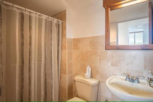 a bathroom with a toilet and a sink and a mirror at 9-26 Costa Linda Jacó Beach pool view Balcony in Jacó