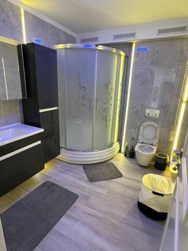 a bathroom with a shower and a toilet in it at Villa Paradise BODRUM, 14 personnes, vue mer, piscine, plage privée, sauna, chambre à vapeur, ascenseur in Milas
