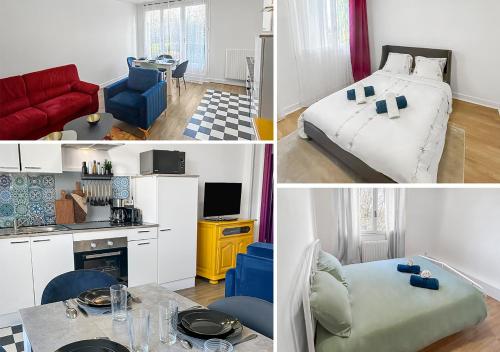 un collage de quatre photos d'une chambre avec un lit dans l'établissement Charme et calme proche centre, à Quimper