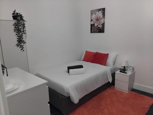 a white bedroom with a bed with red pillows at Luxurious space in Erith