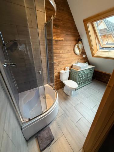 a bathroom with a shower and a toilet at Domki na Stoku in Czarna Góra