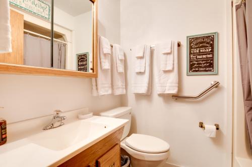 a bathroom with a sink and a toilet and a mirror at Family Gem Near the Chain of Lakes in Eagle River! in Eagle River