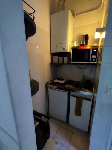 une petite cuisine avec un évier et un micro-ondes dans l'établissement Le Cosy Dijonnais - Disponible après le 1er Mai, à Dijon