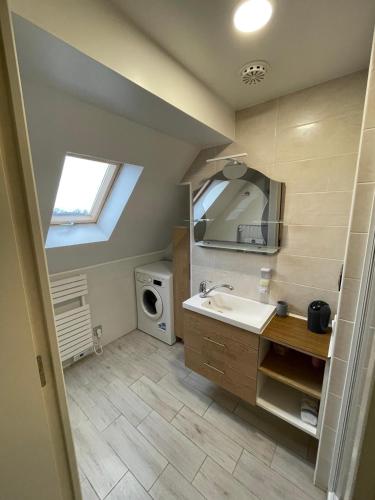 une salle de bain avec un lavabo et une machine à laver dans l'établissement Appartement en résidence, à La Chaussée-Saint-Victor