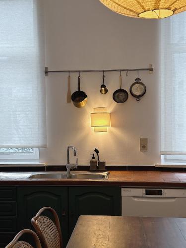 a kitchen with a sink and pots and pans on the wall at Gent Gently apartment in center in Ghent