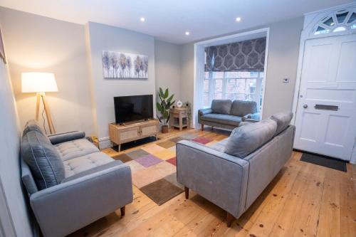 a living room with two couches and a television at 4 Bedroom Winchester Town House, central, parking in Winchester