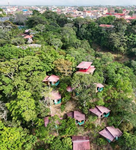 an overhead view of a village in the forest at Refugio Ecolodge Shapingo in Moyobamba
