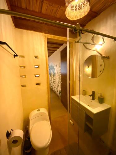 a bathroom with a toilet and a sink at Aracari Ecolodge in San Rafael