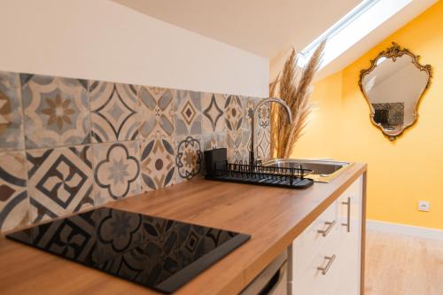 a kitchen with a counter with a sink and a mirror at - Apparts nets à prix honnête - in Brest