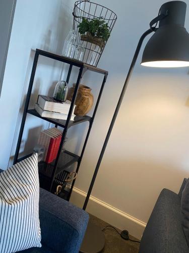 a lamp in a living room with a blue wall at The Paddington Bathurst #8 in Bathurst