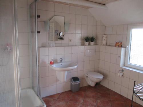 a bathroom with a sink and a toilet and a shower at Marijanas Ferienhof 1, Urlaub mit viel Platz zwischen Dornumersiel und Bensersiel, gehört zum Café Kunterbunt in Middelsbur