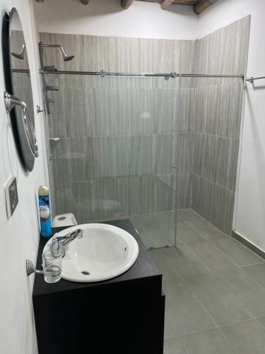 a bathroom with a sink and a shower at Sabella House Beach in Ríohacha