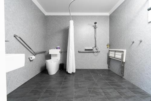 a bathroom with a toilet and a shower curtain at Queensland Hotel in Goondiwindi