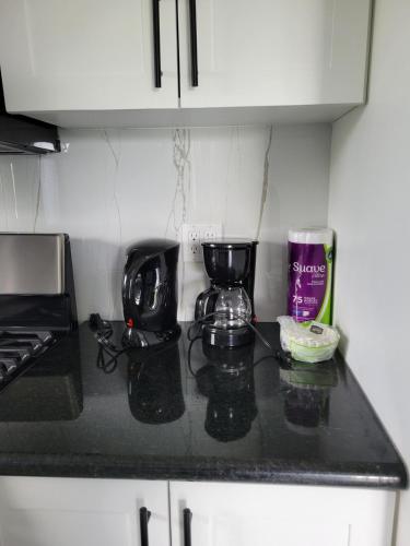a kitchen counter with a coffee maker and a blender at Luxury Rental Apartment in Brown Hill, Nevis in Nevis