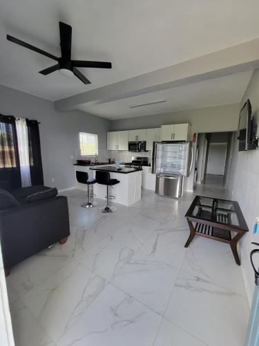 a large living room with a couch and a kitchen at Luxury Rental Apartment in Brown Hill, Nevis in Nevis