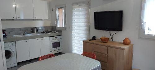 Il comprend une cuisine avec un évier et une télévision murale. dans l'établissement Mini villa 