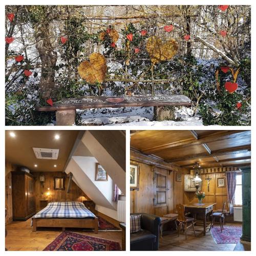 a collage of three pictures of a house with a bench at ANNO 1698 Gîtes et Chambres d'Hôtes in Beblenheim