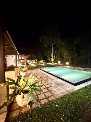 a swimming pool in a yard at night at Maho Boutique Hotel in Anuradhapura
