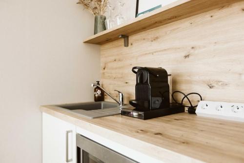 a kitchen counter with a sink and a microwave at Moderne Tiny Houses am Weingut in Uelversheim