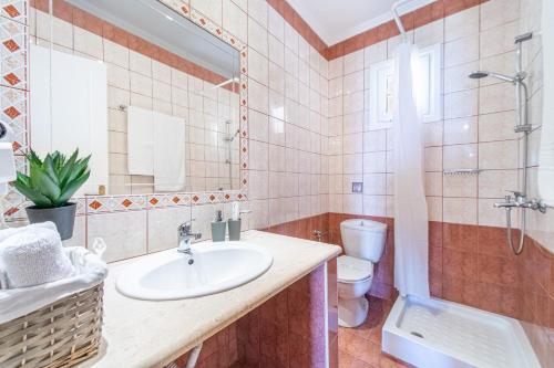 a bathroom with a sink and a shower and a toilet at Spyridoula Studio 11 in Paleokastritsa