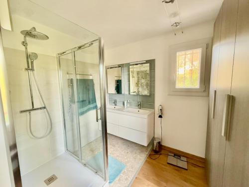une salle de bain avec douche et lavabo dans l'établissement La cigale - Maison avec piscine, à Nîmes