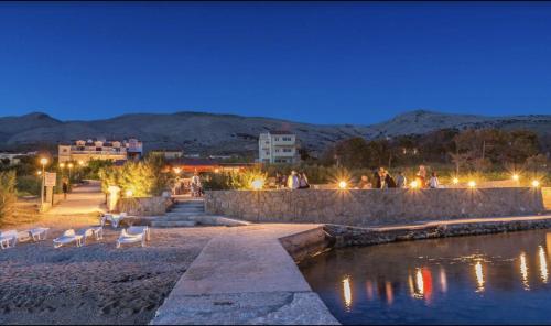 a group of people sitting around a pond at night at Tonino apartments in Pag