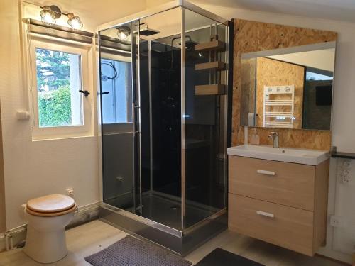 une salle de bain avec une douche avec des toilettes et un lavabo dans l'établissement Villa au calme avec vue, à Colayrac-Saint-Cirq