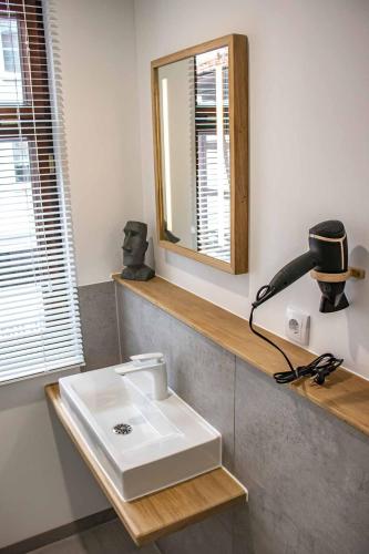 a bathroom with a sink and a mirror at Pension Goldener Zwinger in Meiningen