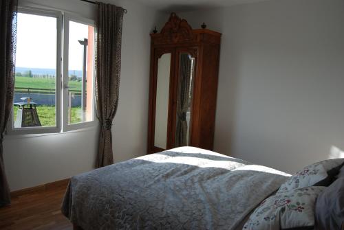 a bedroom with a mirror and a bed and a window at Gite Labradors De Bailly - Giverny in Saint-Pierre-la-Garenne