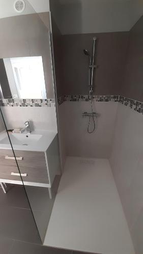 une salle de bain avec une douche, un lavabo et un miroir dans l'établissement Charm'en Maranges, à Sampigny-lès-Maranges