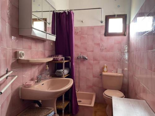 une salle de bains rose avec lavabo et toilettes. dans l'établissement Appart 3 pièces 4 couchages BANYULS SUR MER BN500-003, à Banyuls-sur-Mer