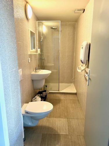une salle de bain avec toilettes, lavabo et douche dans l'établissement Grand appartement, en bord de mer, 8 à 10 personnes, à Saint Pierre La Mer