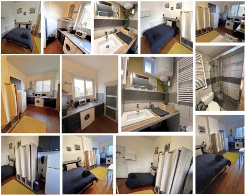 Un collage de fotos de una cocina y un baño. en Le petit républicain, en Le Péage-de-Roussillon