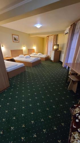 a hotel room with three beds and a green carpet at Vila Crinul in Baile Felix