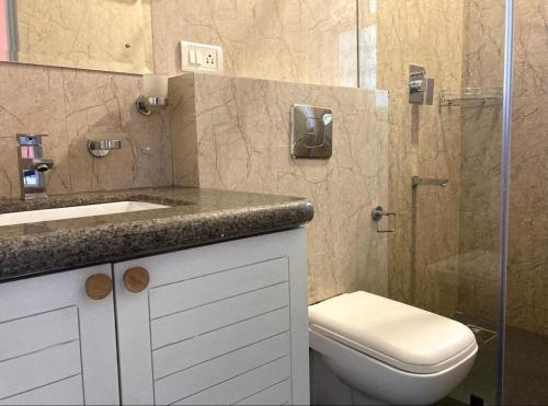 BardezCasa Cenica - 2bhk furnished apt, Arpora pool view的配有马桶、水槽和淋浴的浴室