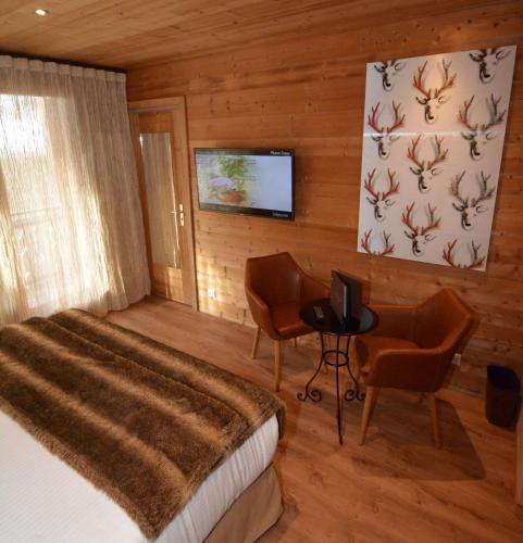 a bedroom with a bed and a desk and a television at La Clef des Champs in Morzine