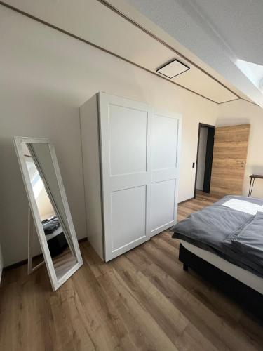 a bedroom with a bed and a mirror at Haus Mariechen 5-Sterne-DTV-Ferienwohnung in der Nähe zum Silbersee mit Balkon & Sauna in Frielendorf