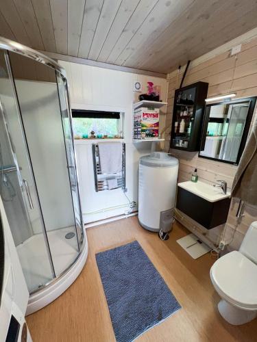 a bathroom with a shower and a sink and a toilet at FourGotten in Sel