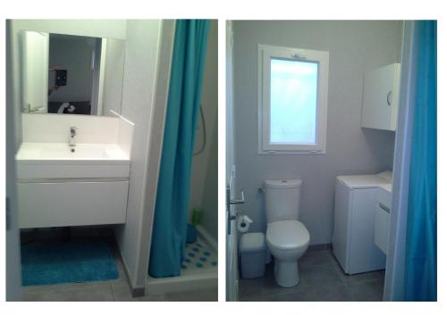 deux photos d'une salle de bain avec un lavabo et des toilettes dans l'établissement Appartement T2 tout équipé, à Le Fauga