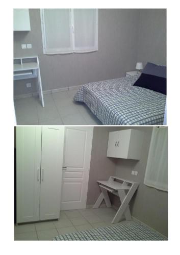 - deux photos d'une chambre avec un lit et un bureau dans l'établissement Appartement T2 tout équipé, à Le Fauga