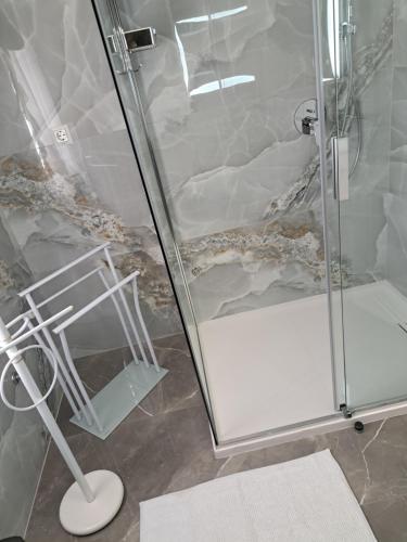 a shower with a glass door in a bathroom at Apartments Pink house in Povljana