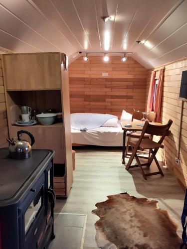a small room with a bed and a room with a stove at Windmühlenhof in Dittmannsdorf