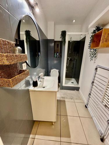 une salle de bain avec un lavabo et un miroir dans l'établissement Superbe, neuf, haut de gamme, 1 chambre, à Villeurbanne