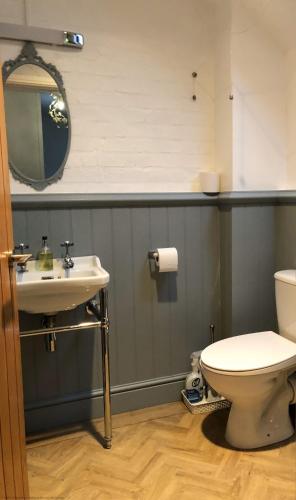 a bathroom with a toilet and a sink at Riccal Dale Cottage in Helmsley